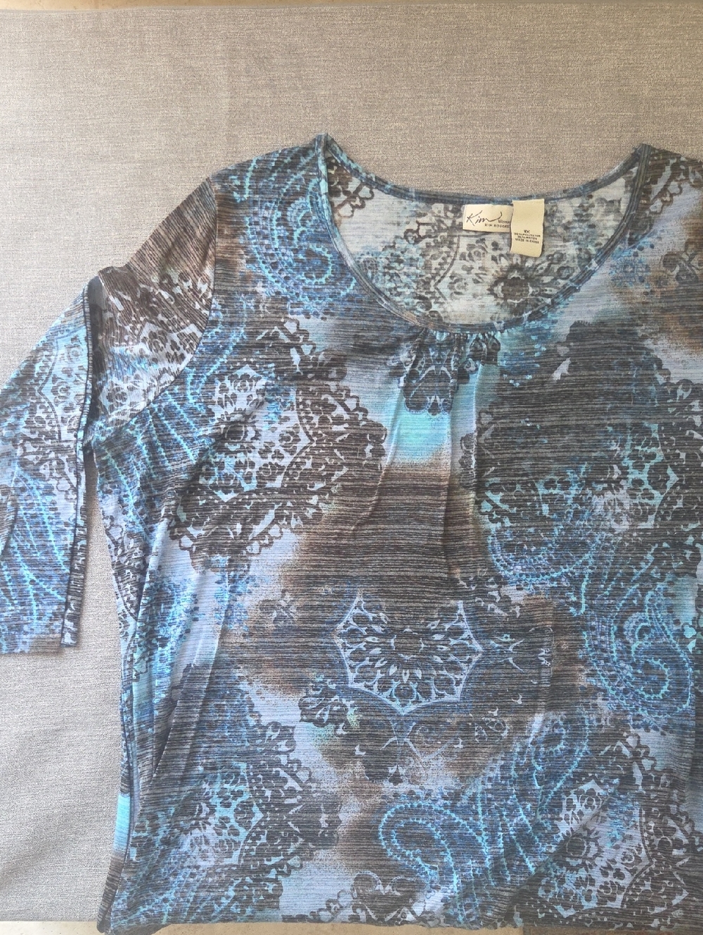 Kim Rogers Blue and Gray Paisley-Print Long Sleeve Scoop Neck Top